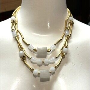 Chico’s necklace Gold Tone macaroni beads Milky white accent beads Boho Chic